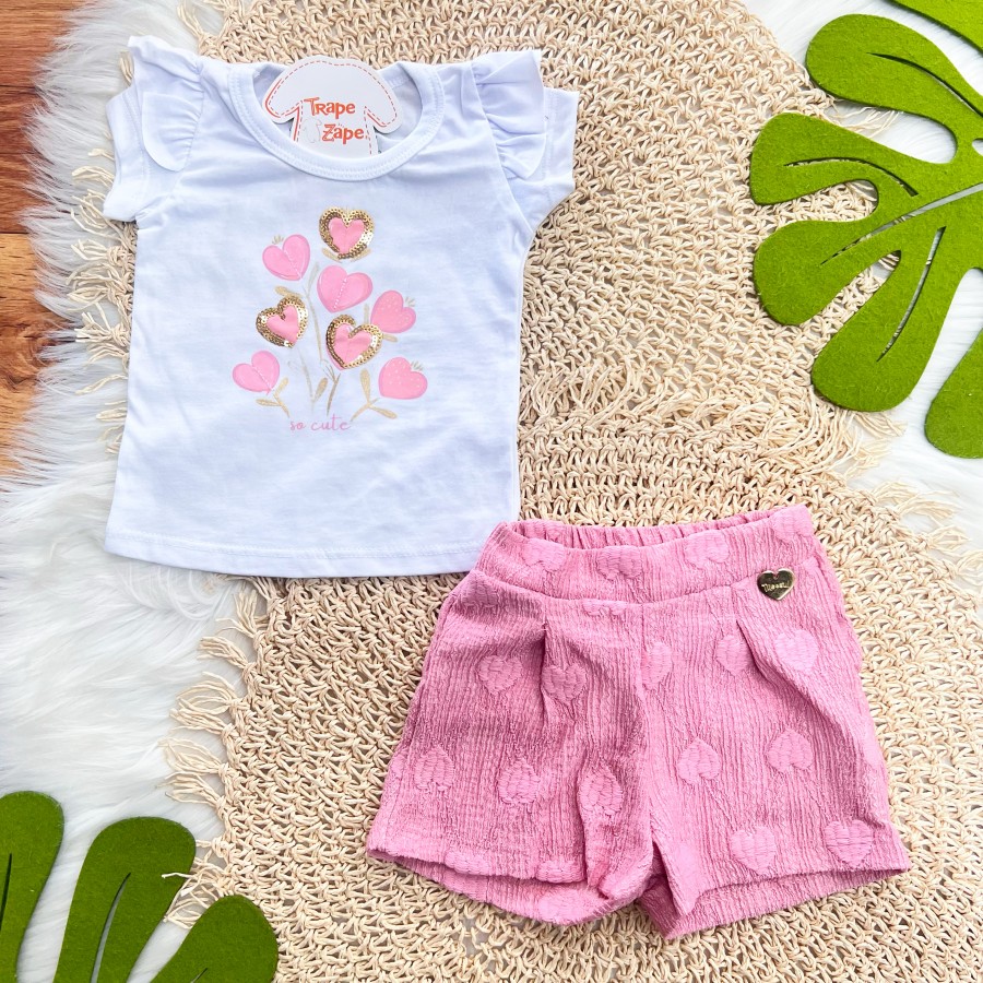 Conj. Blusa So Cute e Short Corações - Branco e Rosa